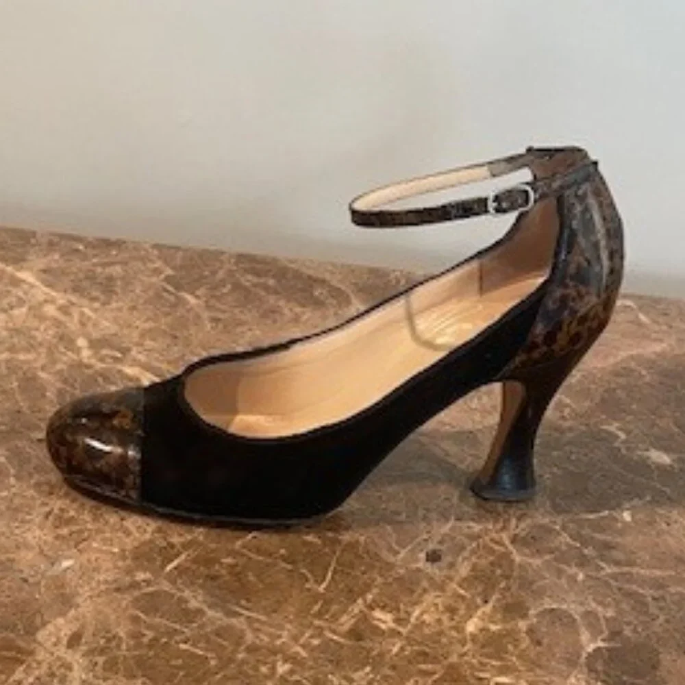 Cole Haan Collection Black Suede Ankle Strap with Tortoise Heels – Sz 6.5